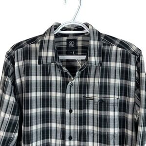 Volcom‎ Mens Classic Fit Flannel Shirt Small Gray Plaid Stretch Button Up *read